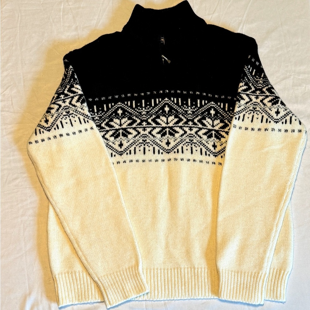 (M) JEANNE PIERRE BLACK & off/WHITE GEOMETRIC DESIGN 1/4 ZIP MOCK TURTLENECK